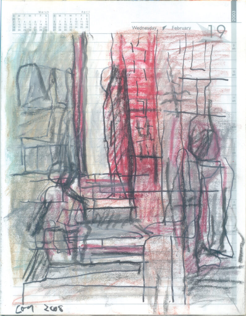<em>Broken Foot Journal 151</em>, Pastel and ink on diary pages, 8 1/8 in x 10 3/8 in, 2003.