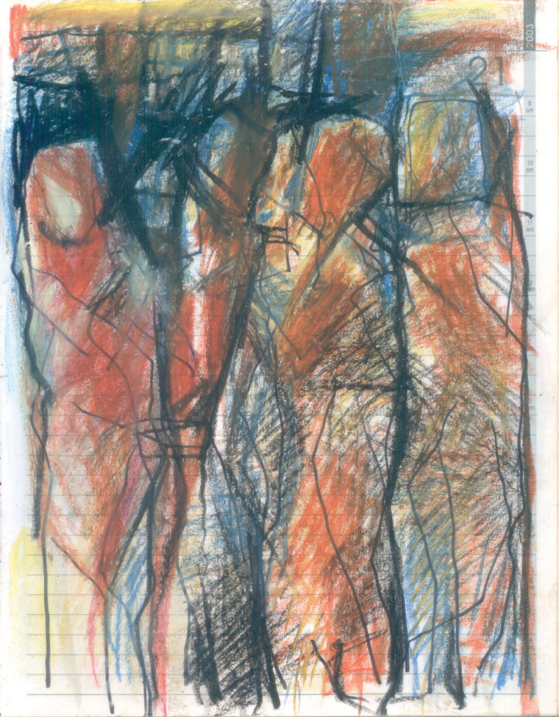 <em>Broken Foot Journal 153</em>, Pastel and ink on diary pages, 8 1/8 in x 10 3/8 in, 2003.