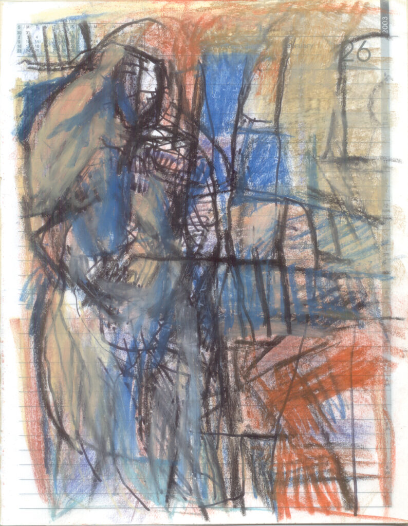 <em>Broken Foot Journal 157</em>, Pastel and ink on diary pages, 8 1/8 in x 10 3/8 in, 2003.