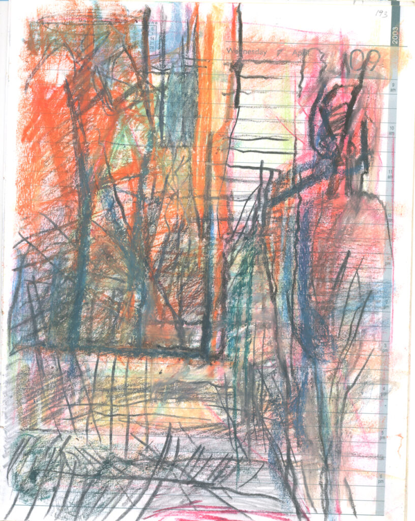 <em>Broken Foot Journal 193</em>, Pastel and ink on diary pages, 8 1/8 in x 10 3/8 in, 2003.