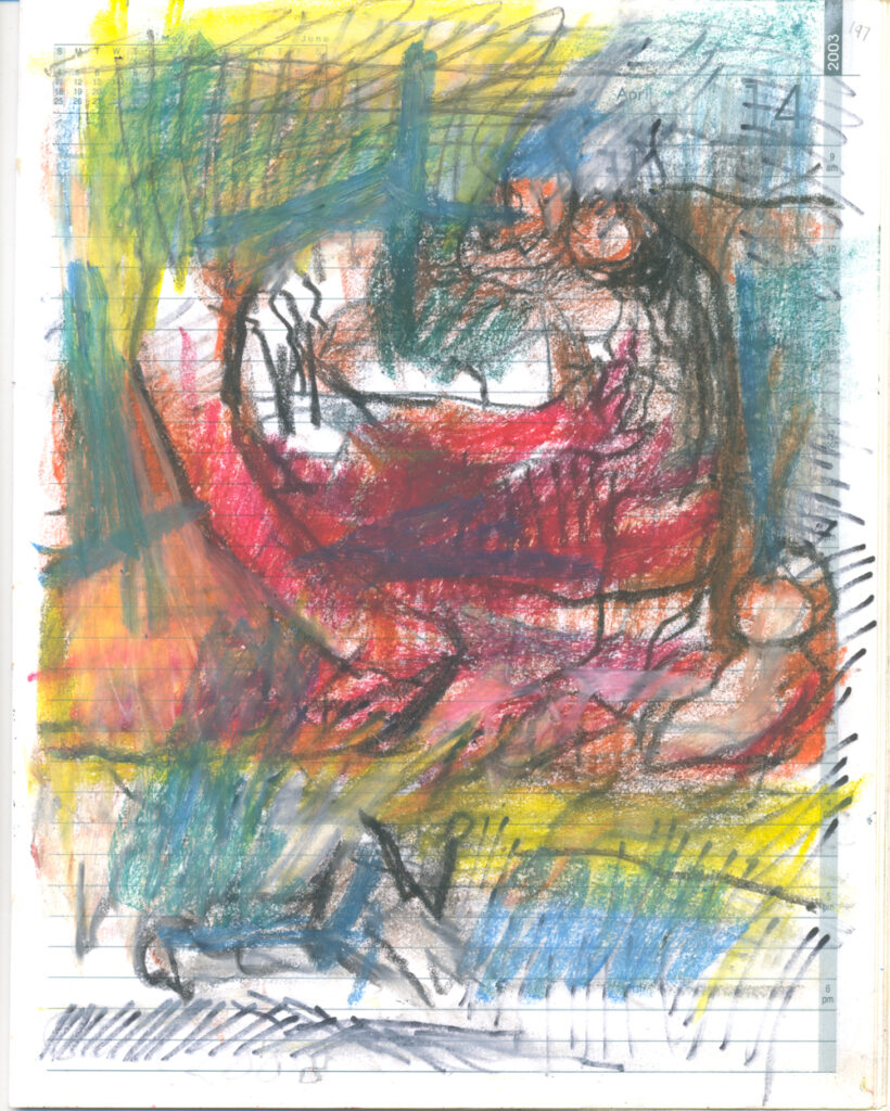 <em>Broken Foot Journal 197</em>, Pastel and ink on diary pages, 8 1/8 in x 10 3/8 in, 2003.