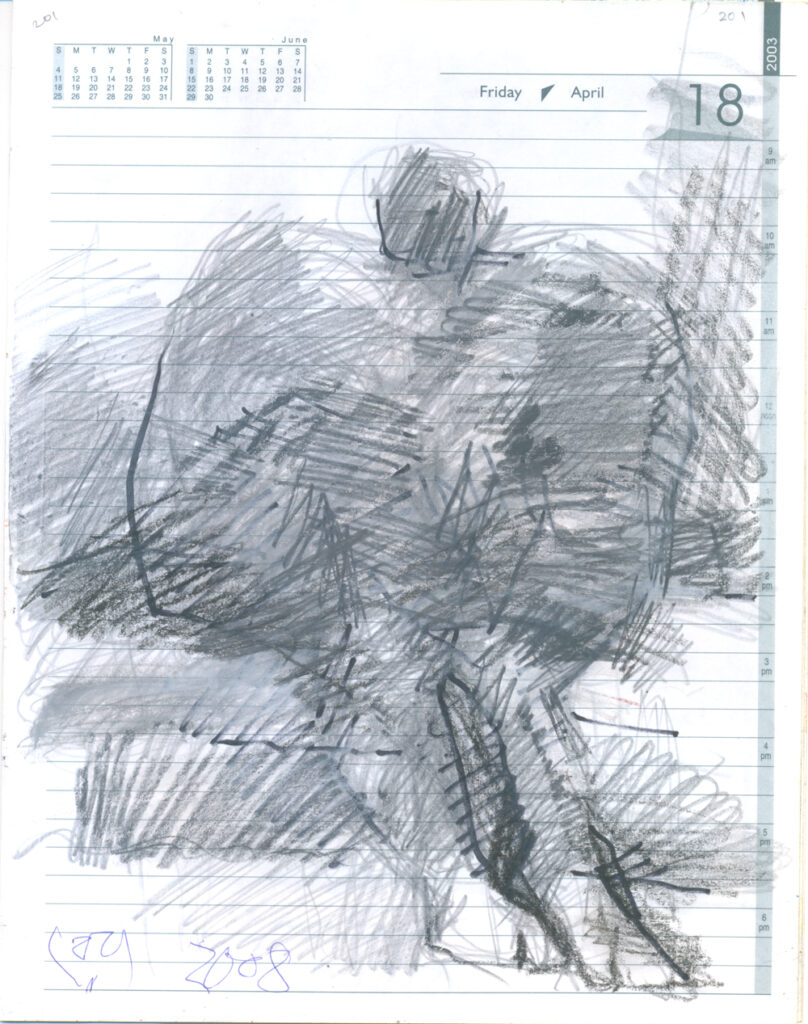 <em>Broken Foot Journal 201</em>, Pastel and ink on diary pages, 8 1/8 in x 10 3/8 in, 2003.