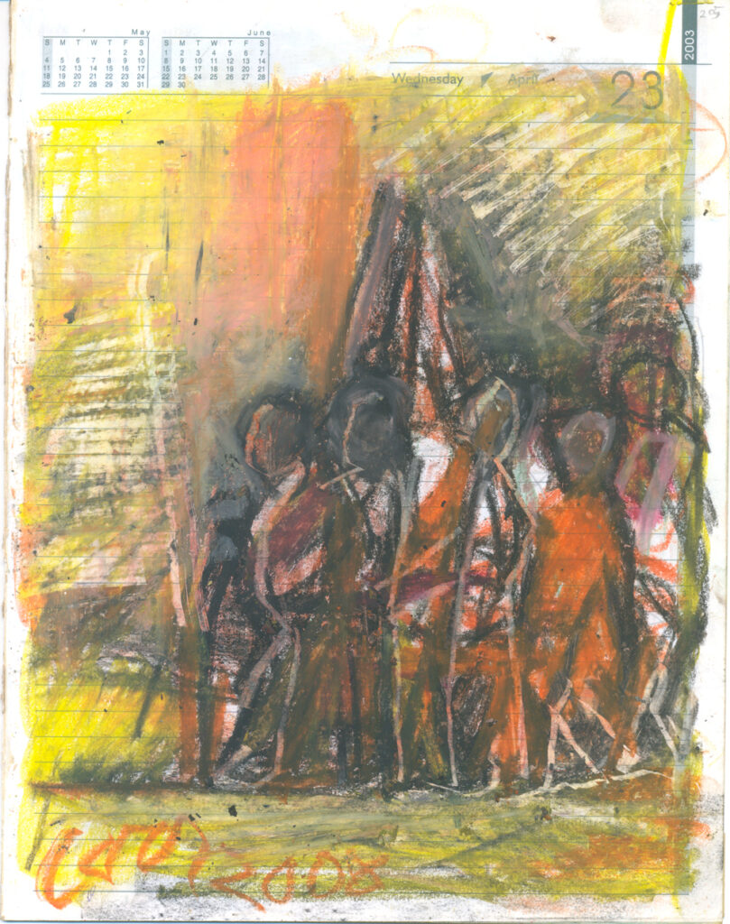 <em>Broken Foot Journal 205</em>, Pastel and ink on diary pages, 8 1/8 in x 10 3/8 in, 2003.