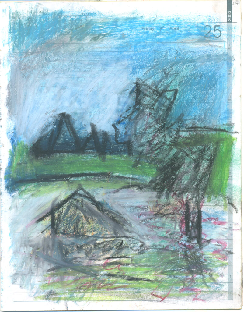<em>Broken Foot Journal 207</em>, Pastel and ink on diary pages, 8 1/8 in x 10 3/8 in, 2003.