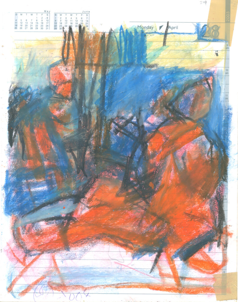 <em>Broken Foot Journal 209</em>, Pastel and ink on diary pages, 8 1/8 in x 10 3/8 in, 2003.