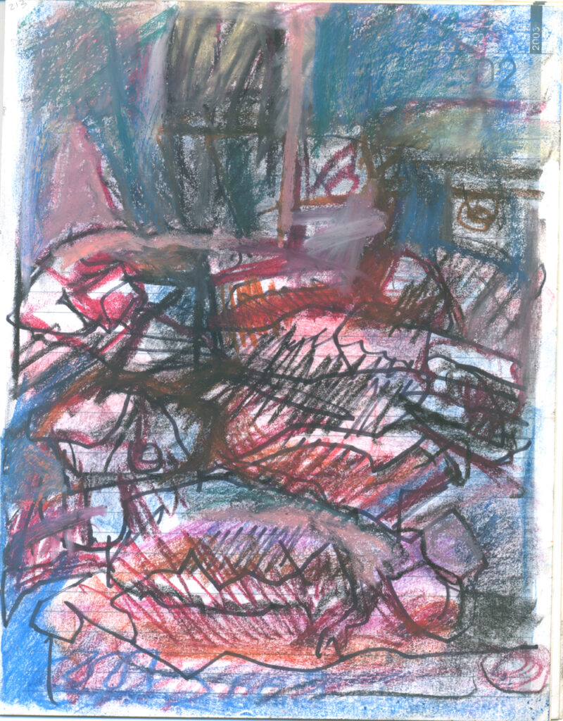 <em>Broken Foot Journal 213</em>, Pastel and ink on diary pages, 8 1/8 in x 10 3/8 in, 2003.