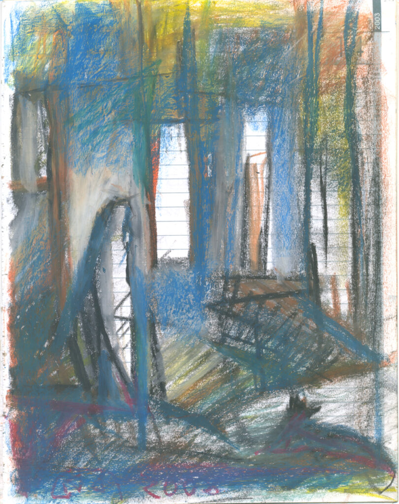 <em>Broken Foot Journal 223</em>, Pastel and ink on diary pages, 8 1/8 in x 10 3/8 in, 2003.
