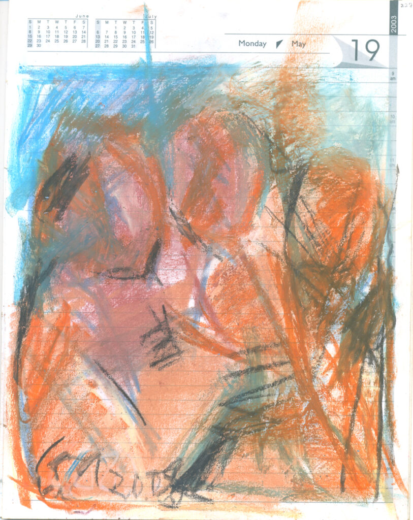 <em>Broken Foot Journal 227</em>, Pastel and ink on diary pages, 8 1/8 in x 10 3/8 in, 2003.