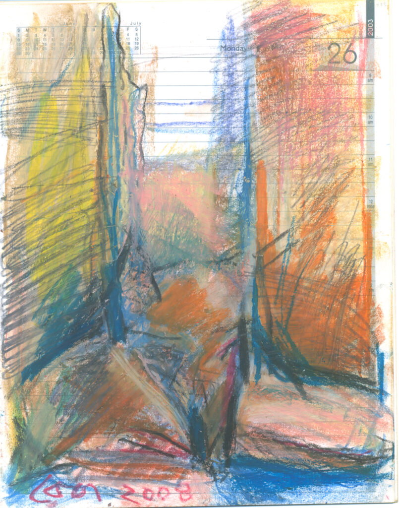 <em>Broken Foot Journal 233</em>, Pastel and ink on diary pages, 8 1/8 in x 10 3/8 in, 2003.