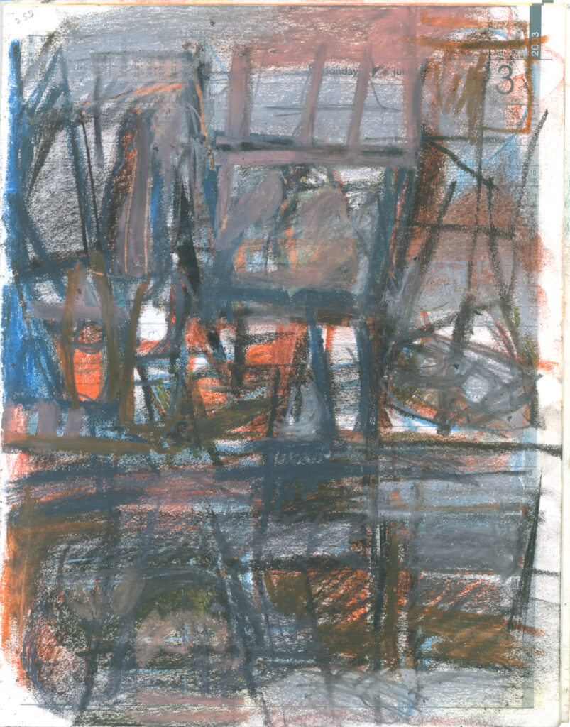 <em>Broken Foot Journal 257</em>, Pastel and ink on diary pages, 8 1/8 in x 10 3/8 in, 2003.