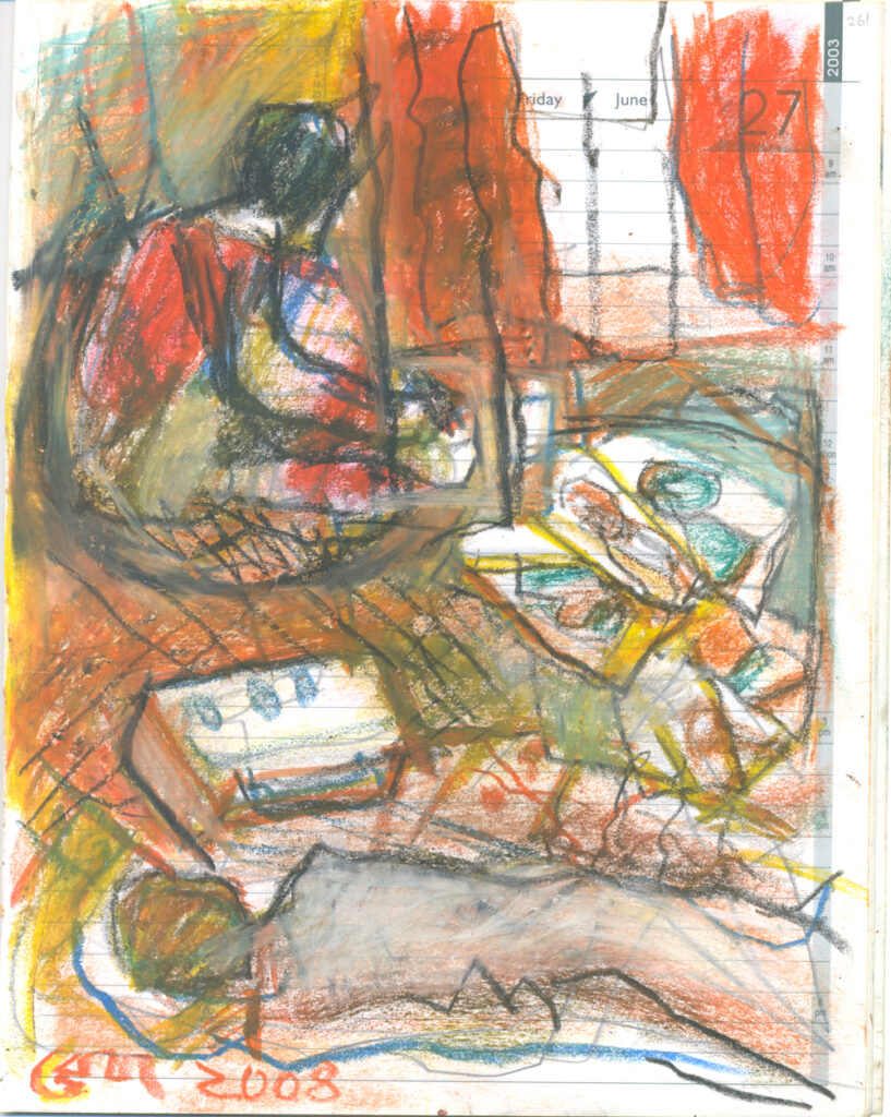<em>Broken Foot Journal 261</em>, Pastel and ink on diary pages, 8 1/8 in x 10 3/8 in, 2003.