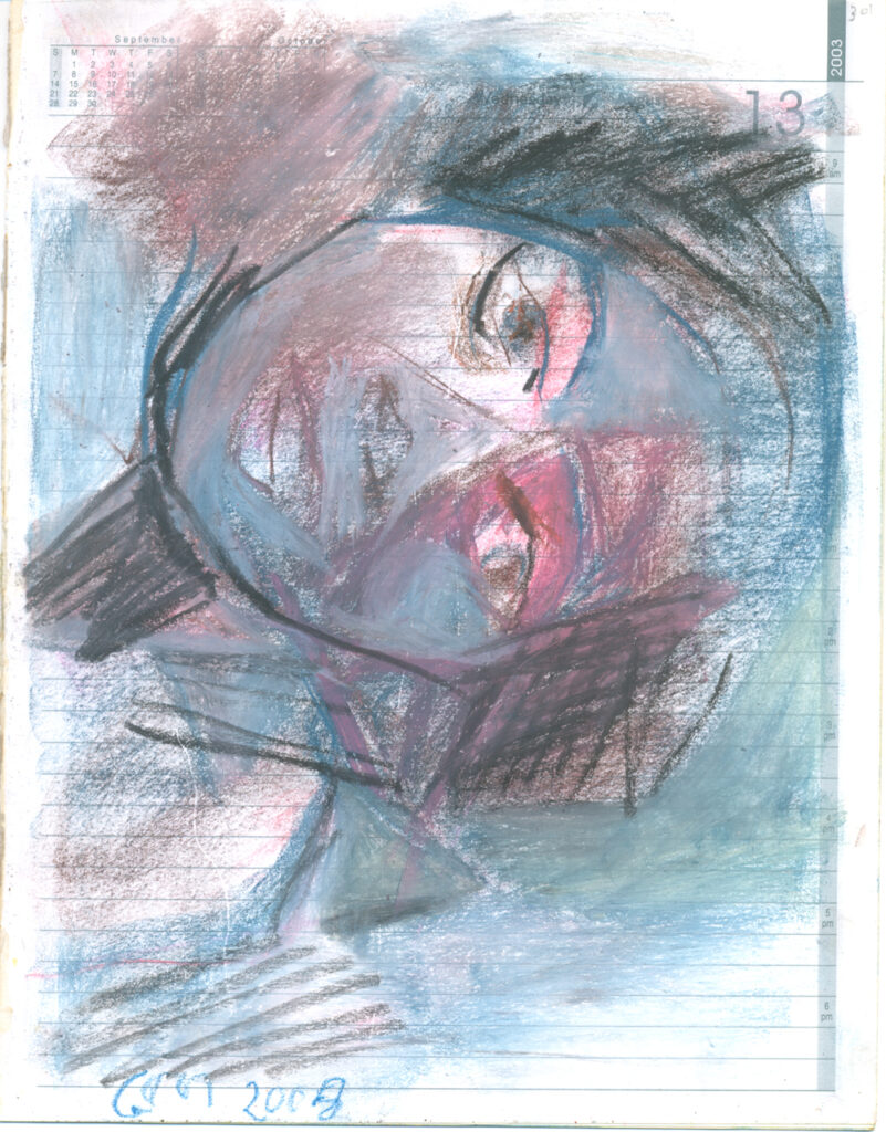 <em>Broken Foot Journal 301</em>, Pastel and ink on diary pages, 8 1/8 in x 10 3/8 in, 2003.
