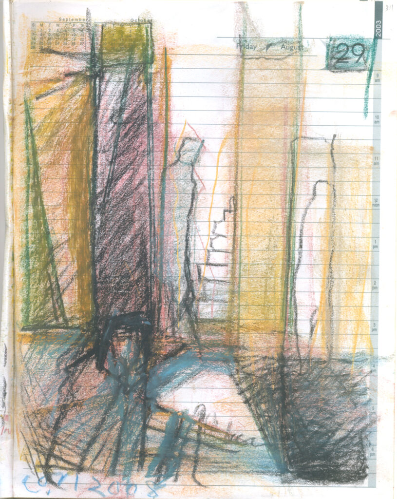 <em>Broken Foot Journal 311</em>, Pastel and ink on diary pages, 8 1/8 in x 10 3/8 in, 2003.