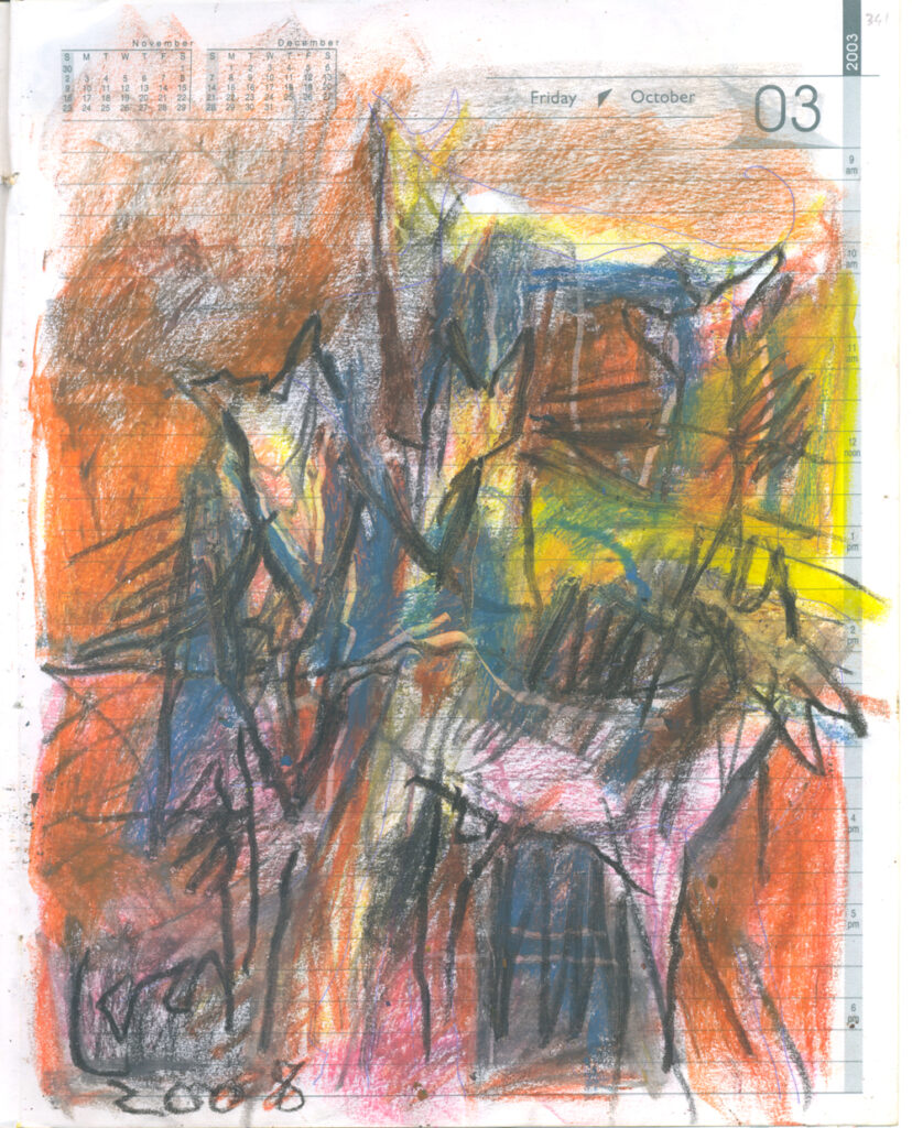 <em>Broken Foot Journal 341</em>, Pastel and ink on diary pages, 8 1/8 in x 10 3/8 in, 2003.