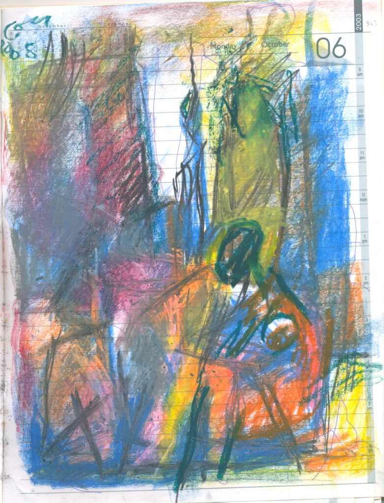 <em>Broken Foot Journal 343</em>, Pastel and ink on diary pages, 8 1/8 in x 10 3/8 in, 2003.
