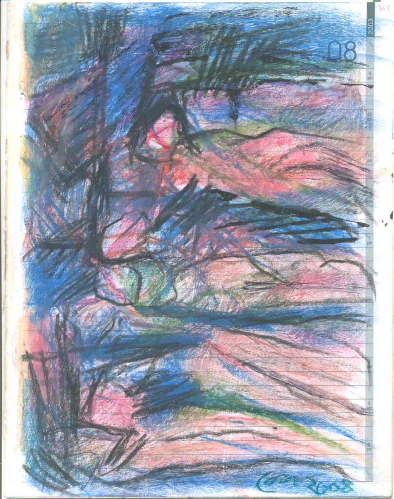 <em>Broken Foot Journal 345</em>, Pastel and ink on diary pages, 8 1/8 in x 10 3/8 in, 2003.