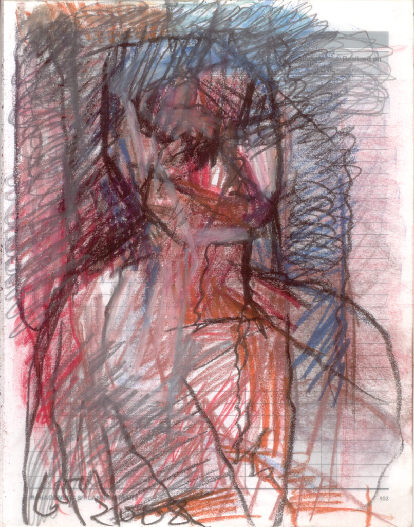 <em>Broken Foot Journal 99</em>, Pastel and ink on diary pages, 8 1/8 in x 10 3/8 in, 2003.